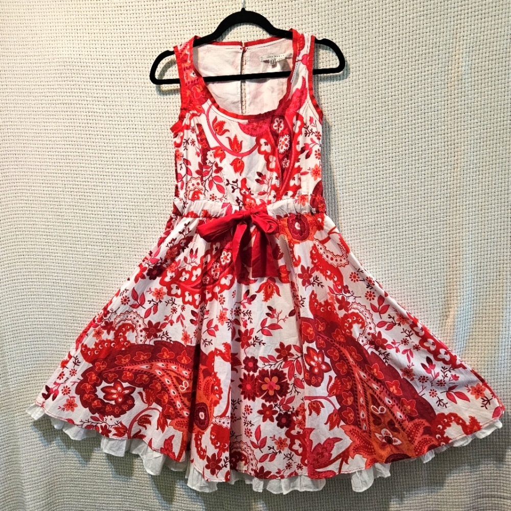 Zara Sz Small Red and White Flare Floral Midi Dress